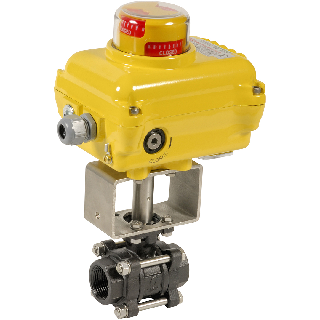 The 3-piece body 737 XS steel ball valve has a 1.0619 steel body, a stainless steel ball and PTFE/stainless steel seats. It is actuated with an electric actuator SA05. PS: 63 bar, TS: -25/+220°C. Threaded or weldable.
