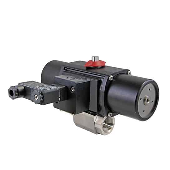 1" NPT CFM8 Stainless Steel Spring-Return (Normally Open) Pneumatic Actuated Ball Valve With Solenoid Valve 24V manual override