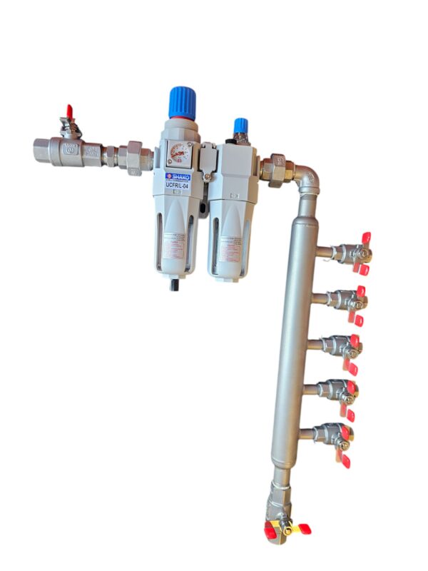 AH0095 1" Air Header with 5 user 1/4" stainless steel butterfly valves inlet and drain 1/2" and filter reducer